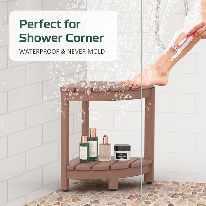 Corner Shower Stool for Inside Shower, HDPE Waterproof Shower Bench Seat Chair, Teak-Color Plastic Bath Shower Stool for Shaving Legs Foot Rest with Storage Shelf, Adjustable & Non-Slip Feet
