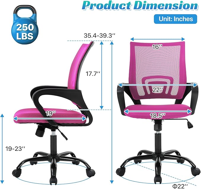 Ergonomic Office Chair Mesh Mid Back with Lumbar Support Armrest, Adjustable Home Desk Chair Comfy Computer Task Drafting Rolling Swivel Chairs for Gaming, Home Work, Study, Pink