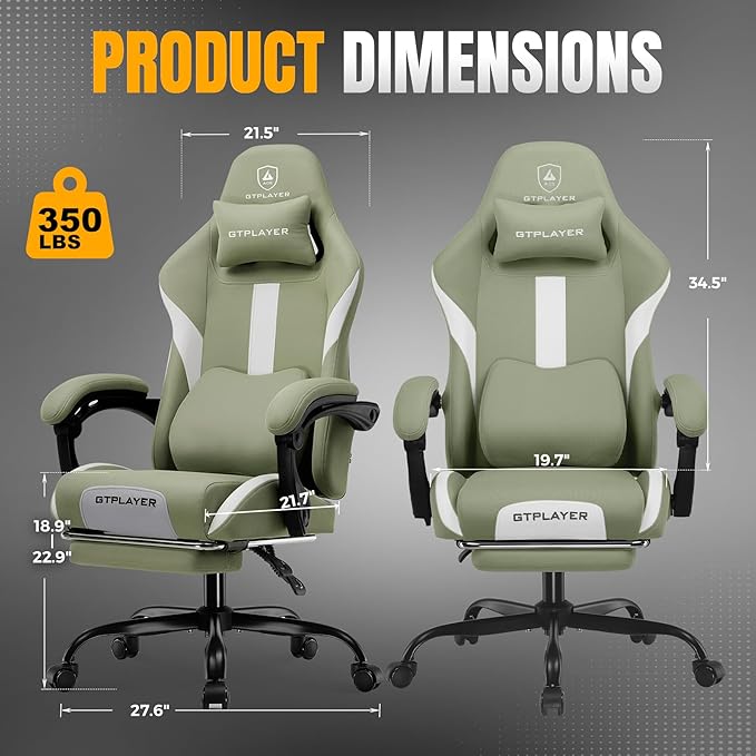 GTPLAYER Gaming Chair with Foot Rest & Pocket Spring Cushion, Ergonomic High Back Computer Desk Chair with Headrest & Lumbar Support for Back Pain Relief, Breathable Fabric, Green