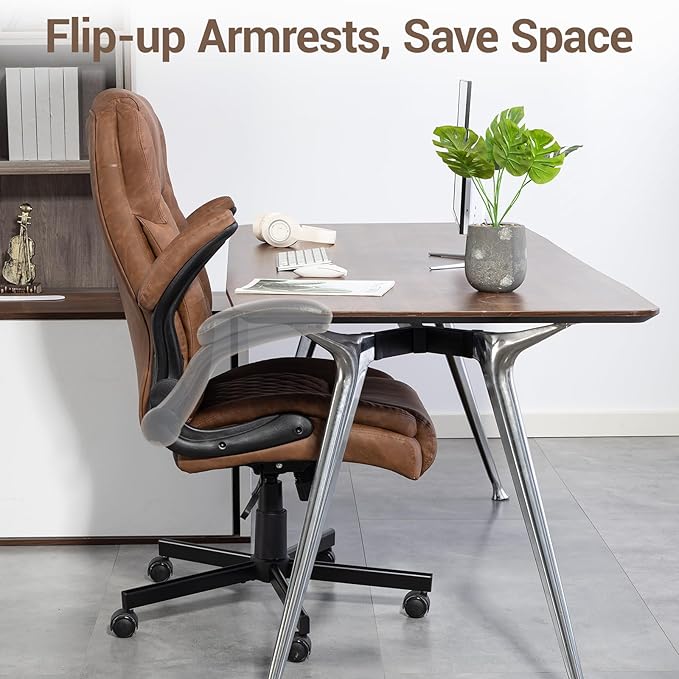 450 LBS Big and Tall Office Chair w/Flip Up Armrest, Comfy Heavy Duty Executive Chair, Extra Wide Seat Ergonomic Computer Home Office Desk Chair w/Rocking Function, Lumbar Support - Brown