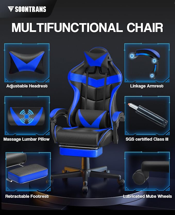 Soontrans Gaming Chair with Footrest,Computer Office Chair, Ergonomic Gamer Chair with Height Adjustment,Headrest and Lumbar Support Gamer Chair(Storm Blue)
