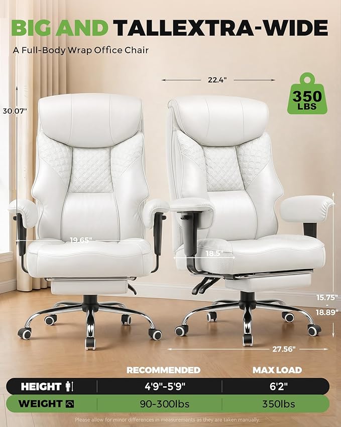 GTPLAYER Big and Tall Office Chair, High Back Computer Gaming Chair with Ergonomic Lumbar Support &Pocket Spring Cushion for Lower Back Pain Relief, Leather Executive Chair with Foot Rest, White