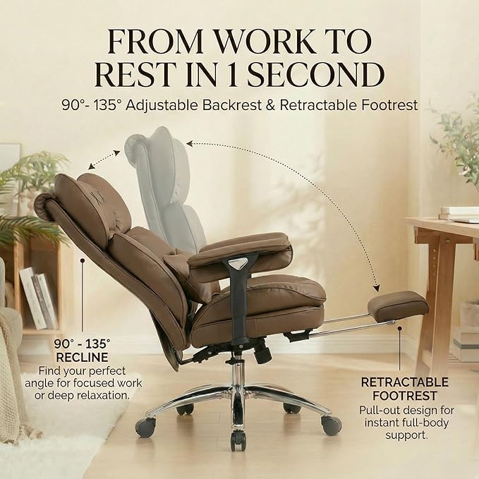 Efomao Big & Tall Executive Office Chair with Footrest - 400lbs Heavy Duty High Back PU Leather Desk Chair, Modern Ergonomic Reclining Computer Chair, Brown