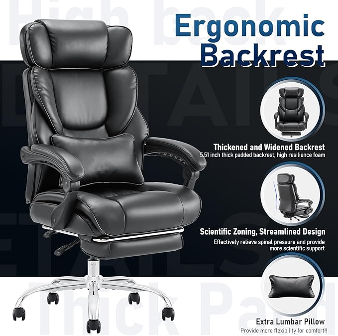 COLAMY Office Chair with Retractable Footrest, Ergonomic High Back Design Executive Computer Desk Chair with Removable Lumbar Pillow, 90-135°Reclining, Thick Bonded Leather for Home Office Work, Black