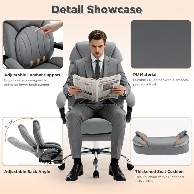 Ergonomic Fully Reclining Office Chairs with Back Support Footrest, PU Leather Wide Seat Comfortable Recliner Office Desk Chair with Leg Rest, Grey