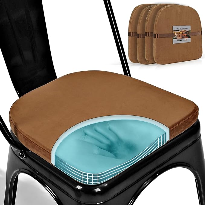 SINOSSO Kitchen Magnetic Metal Chair Cushions Set of 4, 14" Luxury Velvet Memory Foam Seat Pads for Cafe Stackable Chair (U-Shape, Brown, 4)