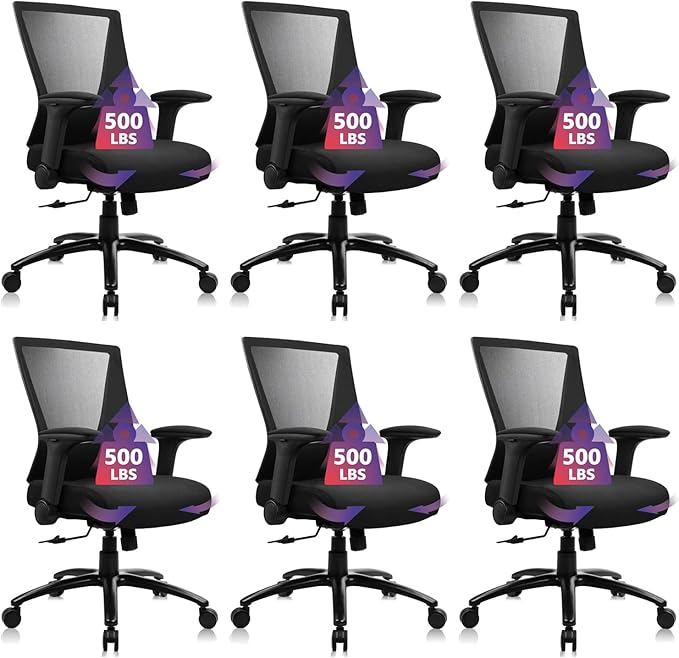 CLATINA Big and Tall Office Chair Heavy Duty Ergonomic Desk Chair 500lbs with Flip-up Arms & Wide Thick Seat Cushion Home Executive Swivel Mesh Chair for Study, Conference, Black, 6 PK