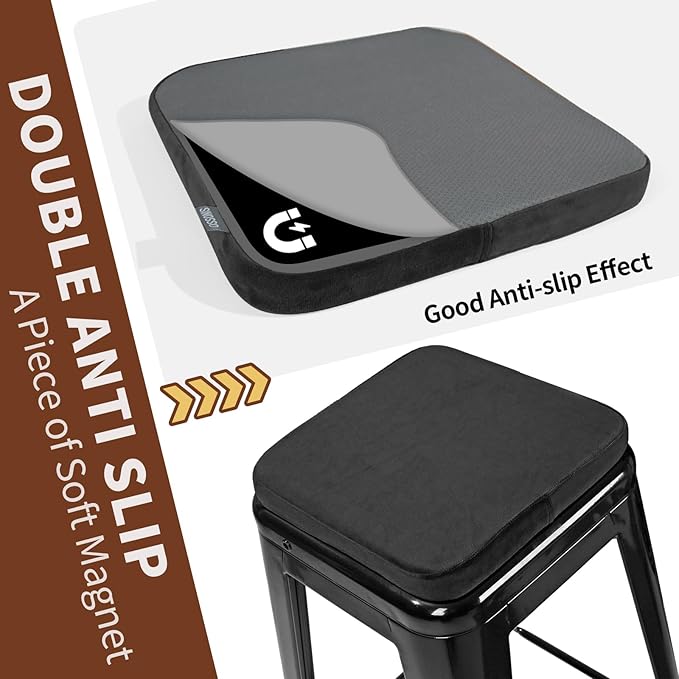 SINOSSO Magnetic Memory Foam Metal Stool Cushions Set of 4, Luxury Velvet Bar Cafe Stackable Chair Seat Pads, Non-Slip & Washable (Square, Black, 4)