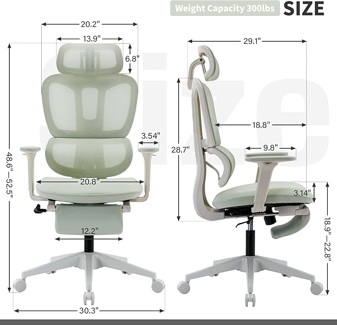 Ergonomic Office Chair with Footrest, 90-135° Reclining High Back Desk Chair with Lumbar Support, 2D Headrest, 2D Armrests, Computer Chair for Long Hours, Green