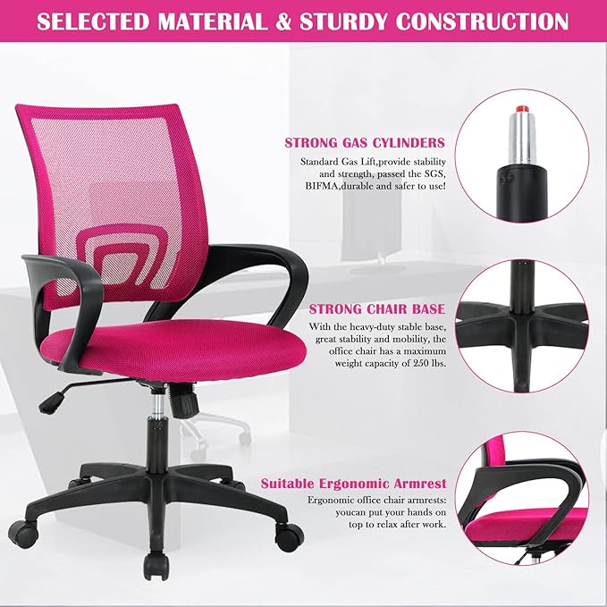 Office Chair, Desk Chair with Lumbar Support Arms, Adjustable Computer Chair with Breathable Mesh Backrest, Home Office Desk Chairs for Student, Adults, Study, Dorm, Comfortable Office Chair(Pink)