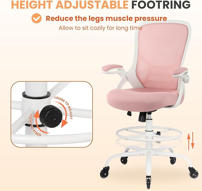 HYLONE Drafting Chair Tall Office, Ergonomic Standing Desk Stool Adjustable Big and Tall Drafting Office Chair with Flip-Up Armrests, Mesh, Pink