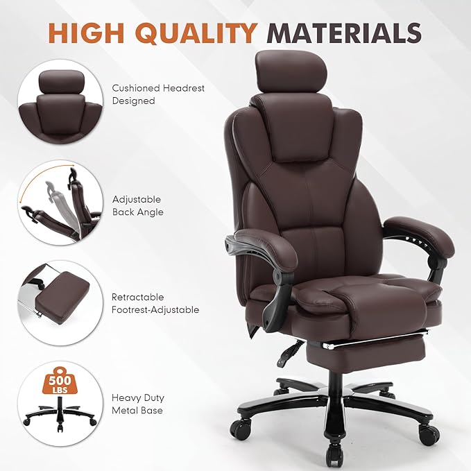 400lbs Reclining Office Chair with Footrest, PU Leather Big and Tall Heavy Duty Ergonomic Gaming Chair with Leg Rest, Brown