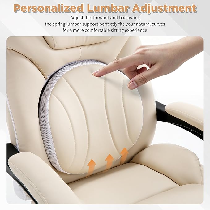 Ergonomic Fully Reclining Office Chairs with Back Support Footrest, Big and Tall Comfortable Recliner Office Desk Chair Computer Gaming Chair, Cream Beige