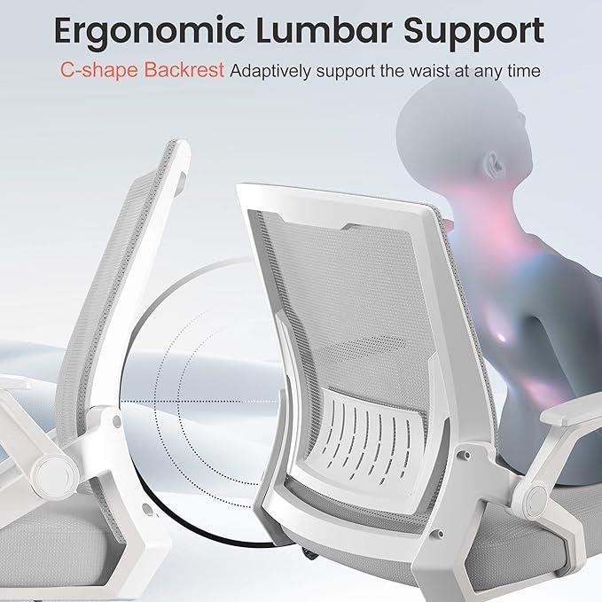 GTPLAYER Ergonomic Office Chair with Flip-up Armrests Executive Computer Chair for Home Office, Breathable Mesh & Comfy Lumbar Support, Moon Gray