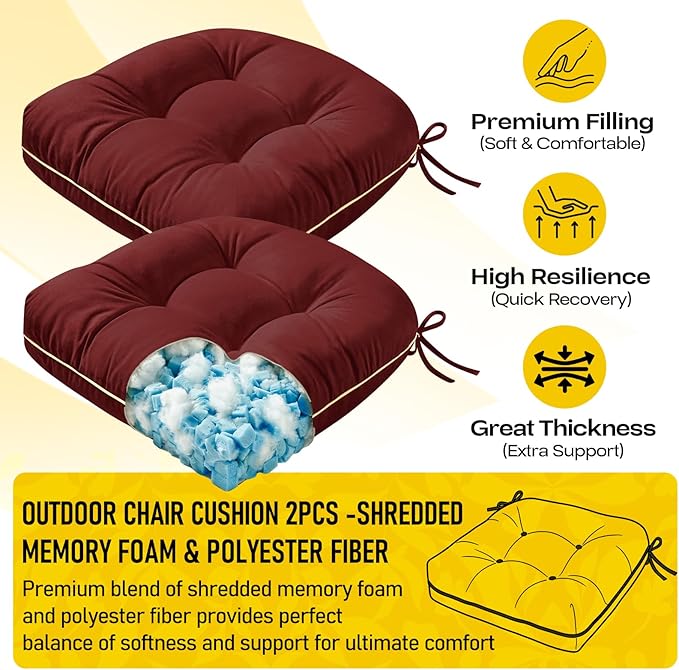 1 MIDDLE ONE Outdoor Chair Cushions Set of 2, Outdoor Cushions for Patio Furniture and Wicker Chair, Memory Foam Patio Seat Cushion Pads with Ties, 19 x 19 Inch (Burgundy)