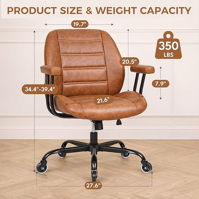 Brown Leather Office Chair with Quiet Rubber Wheels and Lumbar Support, Mid-Back Ergonomic Desk Chair with Removable Armrests, Height Adjustable Computer Chair for Home Office