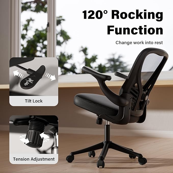 GYI Ergonomic Office Chair, Mesh Desk Chair with Adjustable Lumbar Support and 3D Flip-up Arms, Computer Chair with Wheels, Black