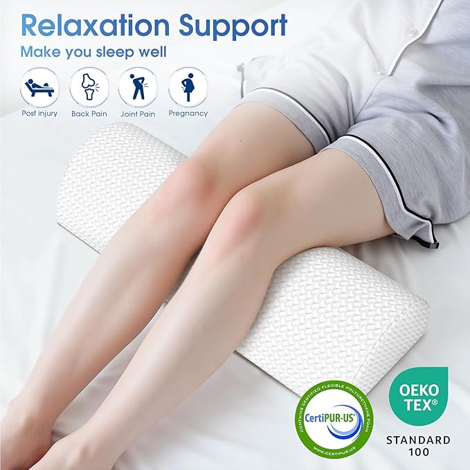 TranquilRelax Knee Pillow for Back Sleeping Memory Foam Half Moon Bolster Pillow for Legs, Under Knee Support, Ankle & Foot Comfort Orthopedic Pillow for Side Sleepers (White, 20.4" x 8" x 4.9")
