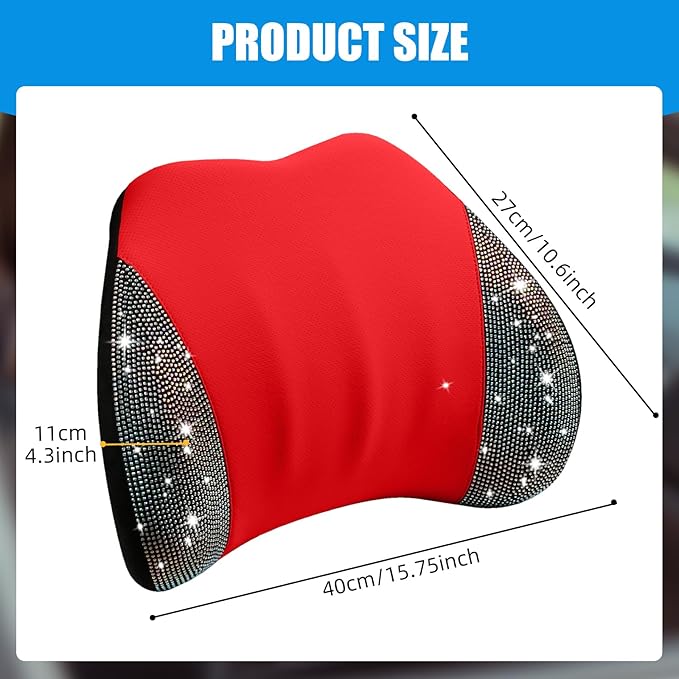 Lumbar Support Pillow with Diamond, Memory Foam Lumbar Pillow for Office Chair for Lower Back Pain Relief, Car Lumbar Support for Driving Seat, Back Support Pillow for car Chair (Red)