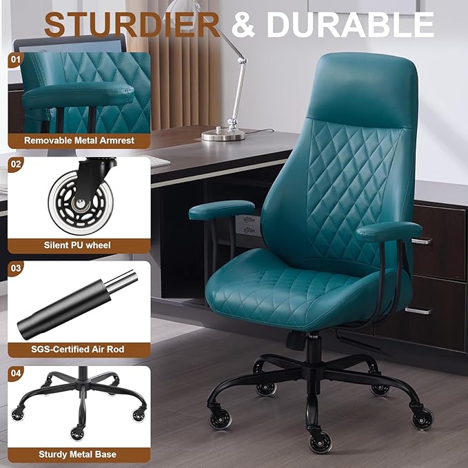 E-Motie Office Chair with Rubber Wheels, Ergonomic Computer Chair 500 lbs, Leather Desk Chair with Lumbar Support, Executive Chair Adjustable Height & Recline, Green