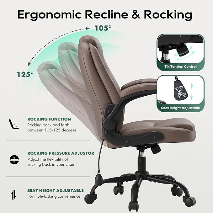 MALOL Leather Office Chair, Home Desk Chair with Adjustable Lumbar Support, Thick Cushion, Flip-Up Arms and Ergonomic Back, Comfy Executive Office Chair for Home Office, Brown