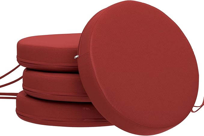 Outsunny Outdoor Bistro Chair Cushions Set of 4 with Machine Washable Cover, 15" x 15" x 3" Thick Round Seat Cushions for Patio Furniture with Ties, Chair Pads for Dining Chairs, Wine Red