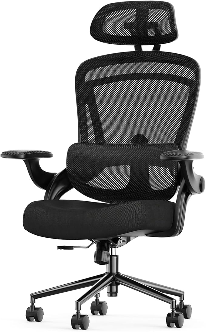 Sweetcrispy Executive Office Ergonomic Desk Chair, 300 LBS Home Mesh Chairs with Wheels, 2D Headrest, Up&Down Lumbar Support, Swivel High Back Computer Chair with Flip-up Armrests,Black
