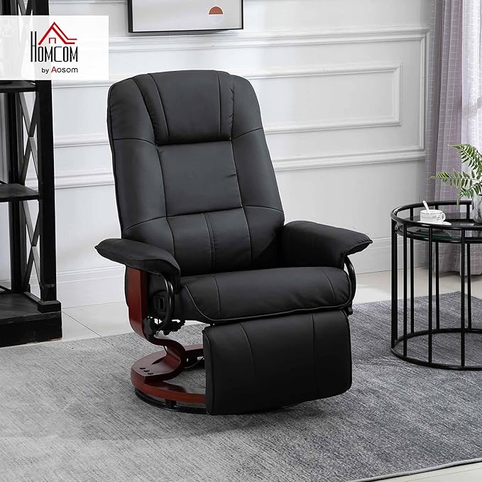 HOMCOM Swivel Recliner Chair, PU Leather Reclining Armchair with Retractable Footrest, Lounge Chair with Wood Base and Adjustable High Back for Small Spaces, Living Room, RV, Bedroom, Black