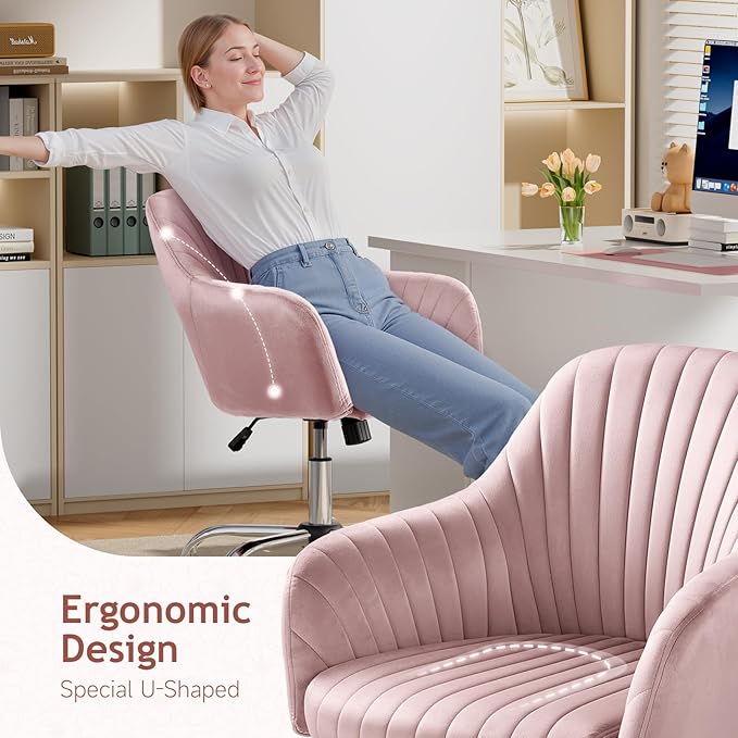 Warmiehomy Velvet Vanity Chair with Back, Desk Chair for Home Office, Comfy Cute Makeup Chair with Arm Rest for Bedroom, Office Furniture, Blush Pink