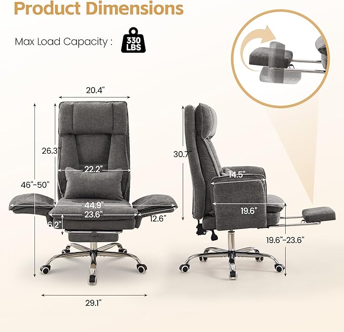 Big and Tall Office Chair, Cloud Reclining Office Chair with Footrest & Flip Armrest for Pets, Executive Ergonomic Criss Cross Desk Chair, Swivel Gaming Chair with Lumber Pillow, Chenille Light Grey