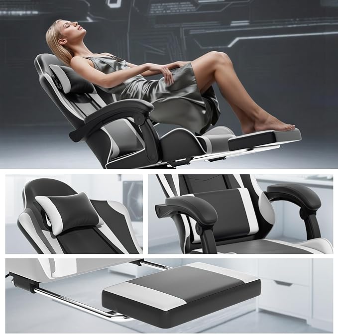 Athena Collection Gaming Chair, Ergonomic Gaming Chair with Footrest & Headrest Lumbar Support, Height Adjustable Swivel Computer Chair Office Chair for Kids Adults(White)