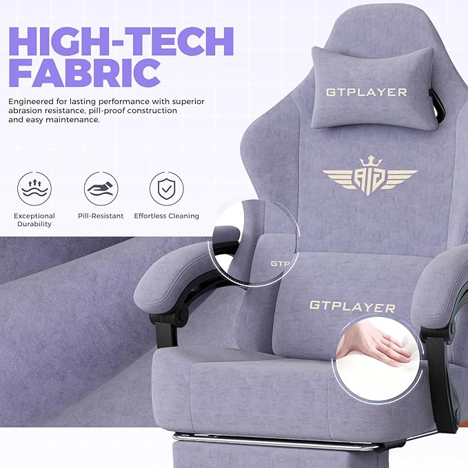 GTPLAYER Gaming Chair with Pocket Spring Cushion, High Back Ergonomic Computer Chair with Footrest for Adults Lumbar Support Swivel Game Chair for Office Gaming 350LBS, Fabric Macaron Purple