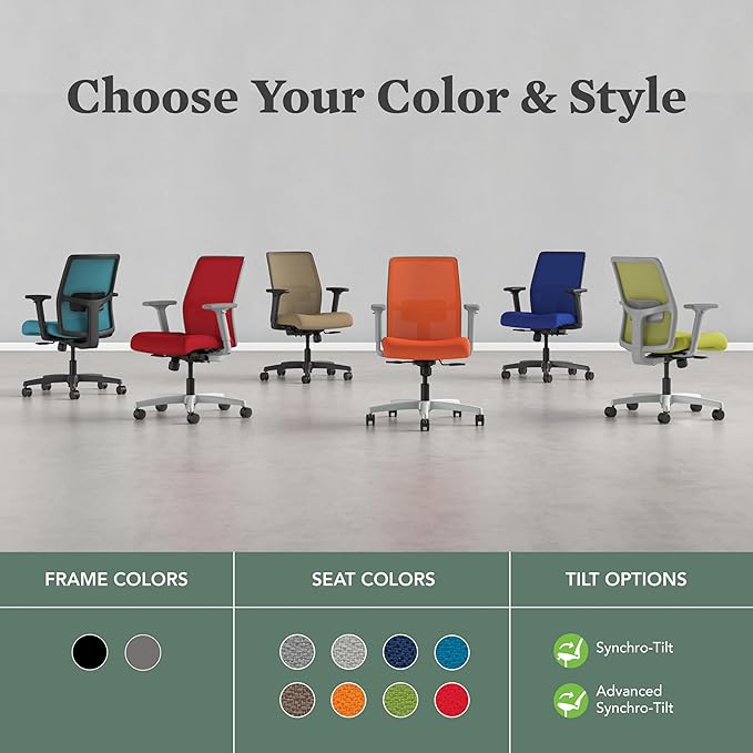 HON Ignition 2.0 Low Back Task Chair, Spectrum Mesh, Standard Synchro-Tilt Control, Office Chair with Lumbar Support, Height and Width Adjustable Arms, Titanium Frame, Leaf
