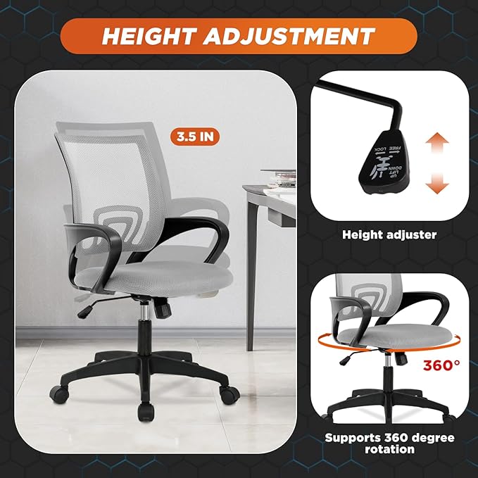 Dopinmin Modern Ergonomic Office Chair, Grey with Lumbar Support, Mesh Back, Rolling, Executive Swivel Computer Chair