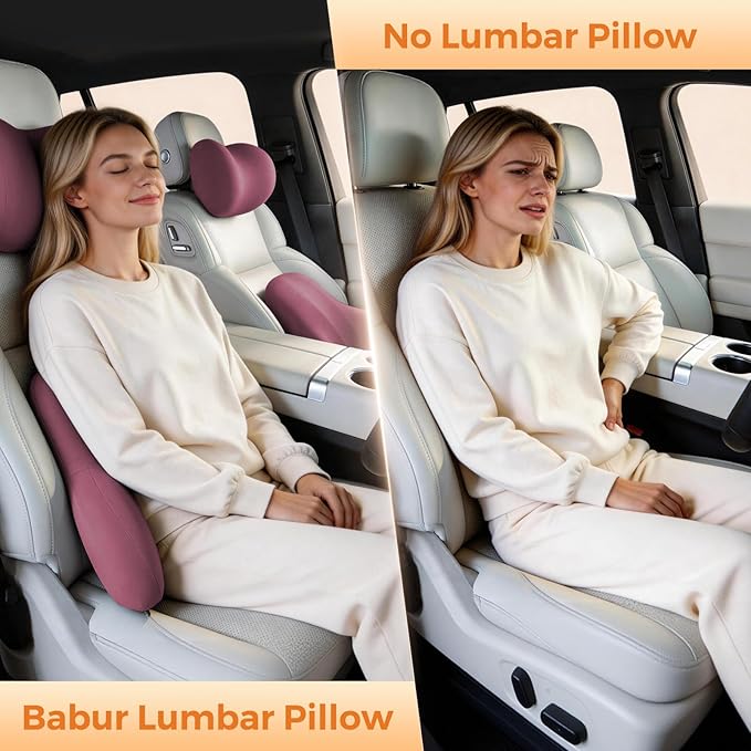 BABUR Lumbar Support Pillow for Car, Ergonomic Memory Foam Support Pillow for Lower Back Pain Relief, Washable Cover, Lumbar Cushion for Driving Seat, Fits Most Cars | Wine Red