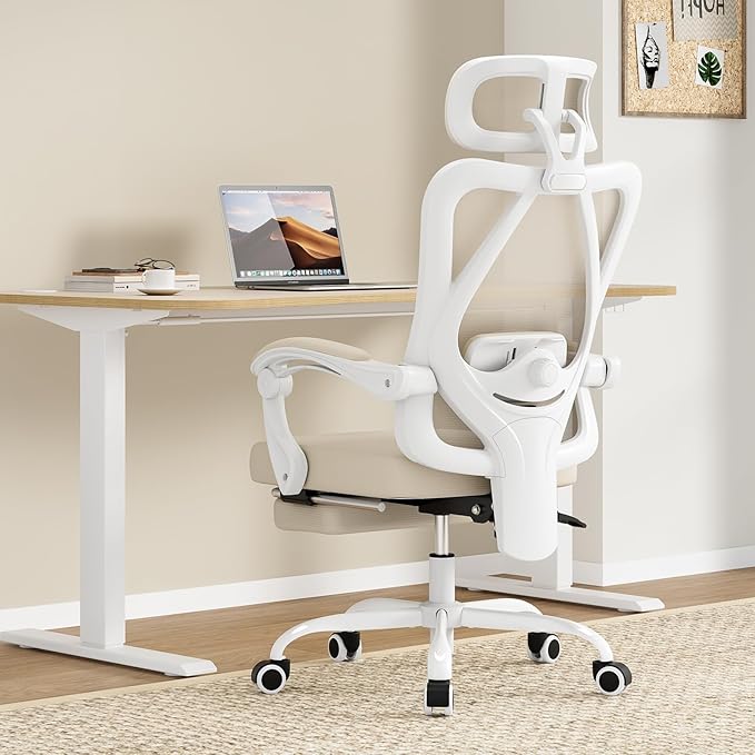 Farini Office Chair with Headrest, Ergonomic Mesh Office Chair with Footrest, High Back Desk Chair with Adjustable Lumber, Swivel Computer Chair for Home Office Study Room, White and Khaki
