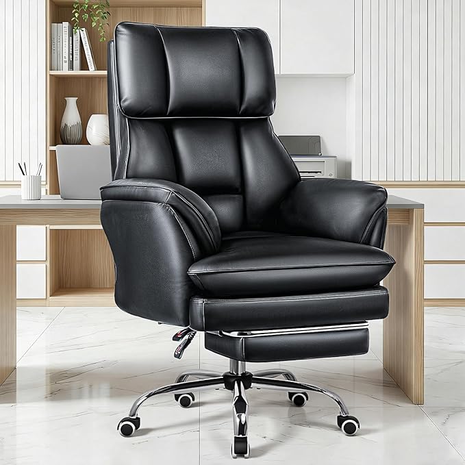 OFIKA Big and Tall Office Chair 400LBS,Flip Armrests for Pets & Cross Legged Sitting, Ergonomic Leather Executive Desk Chair with Foot Rest, Ergonomic High Back Leather Executive Chair, Black