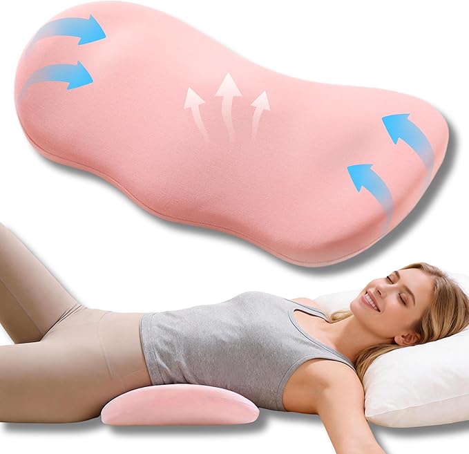 Lumbar Support Pillow for Sleeping Memory Foam Lumbar Pillow for Lower Back Pain Relief, Ergonomic Waist Pillow for Side/Back/Stomach Sleepers with Washable Cover（Pink）