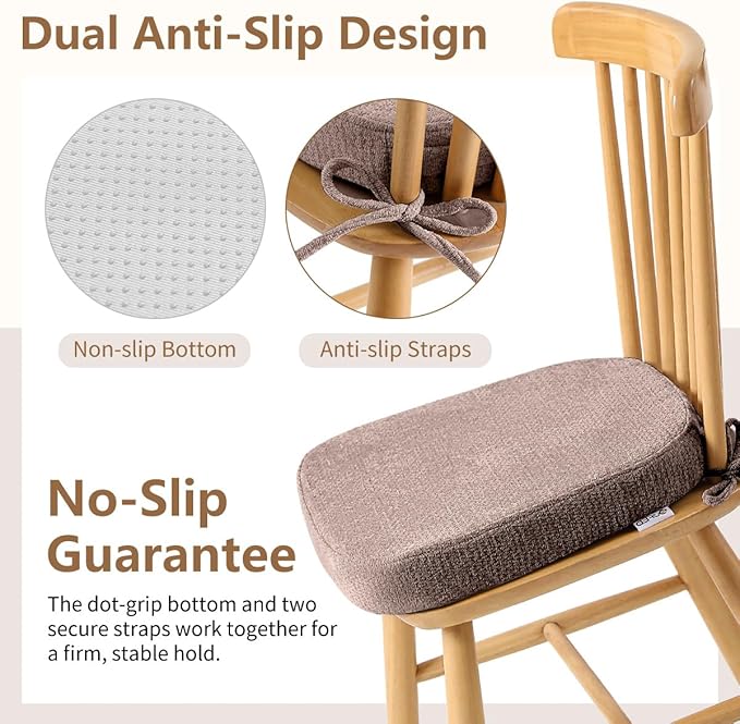D-Shaped Chair Cushions for Dining Chairs, 2.5” Thick Chair Pads with Washable Comfortable Textured Cover, Non Slip Kitchen Chair Cushions with Ties,16.5" x 16.5", 4 Pack, Brown