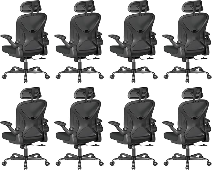 Ergonomic Office Chair Set of 8, with Adjustable Lumbar Support, Mesh Fabric Home Office Chair with Headrest, 360° Swivel and Flip-Up Armrests, Black