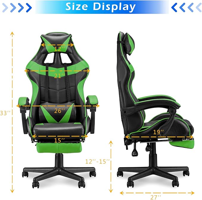 Soontrans Gaming Chair Green,Racing Gaming Chair with Footrest,Ergonomic Computer Gamer Chair,Game Chair with Adjustable Headrest and Lumbar Support