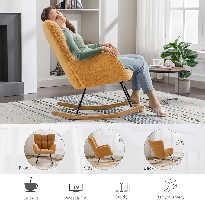FOXHUNTER Rocking Chair Nursery Teddy Upholstered Glider Rocker High Backrest Nursery Rocker Comfortable Stylish Accent Armchair for Living Rooms Bedrooms Offices (Teddy Kahaki)
