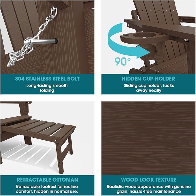 THOEOE Adjustable Adirondack Chair with Retractable Ottoman, HDEP Folding Adirondack Chairs with Footrest 2-in-1 Cup Holder, All Weather Outoor Fire Pit Chair with Foot Rest Set 2 Brown