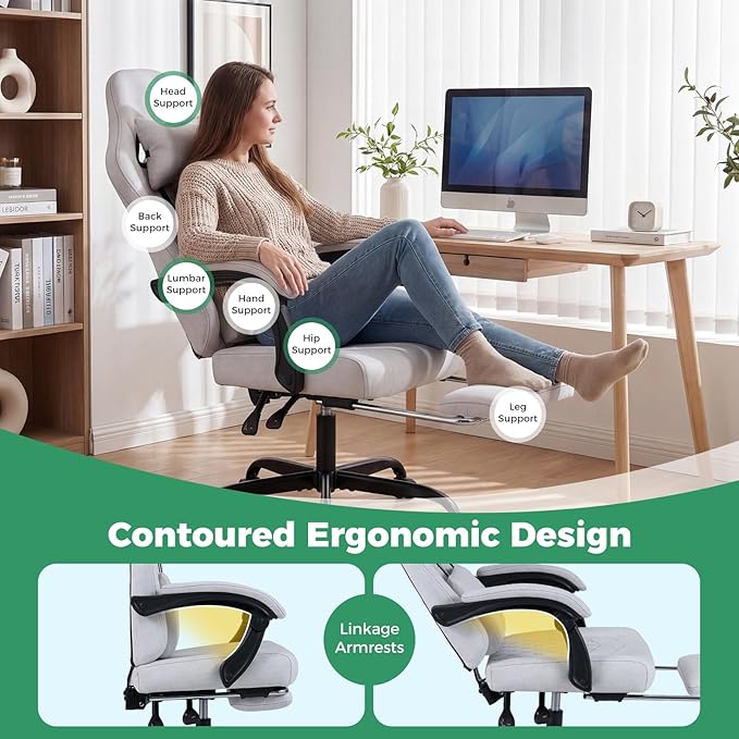 Goplus Gaming Chair, Ergonomic Office Chair with Foot Rest, Lumbar Support, Linkage Armrests, Detachable Headrest, 360°Swivel Computer Chair w/Adjustable Backrest & Height, 330 lbs Capacity (Grey)