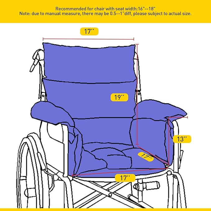 Wheelchair Cushions，Pressure Pain Relief Accessories with Armrest Covers. Supports Coccyx & Back, Non-Slip. Fits 18" Wheelchair with Full Arms, Blue.