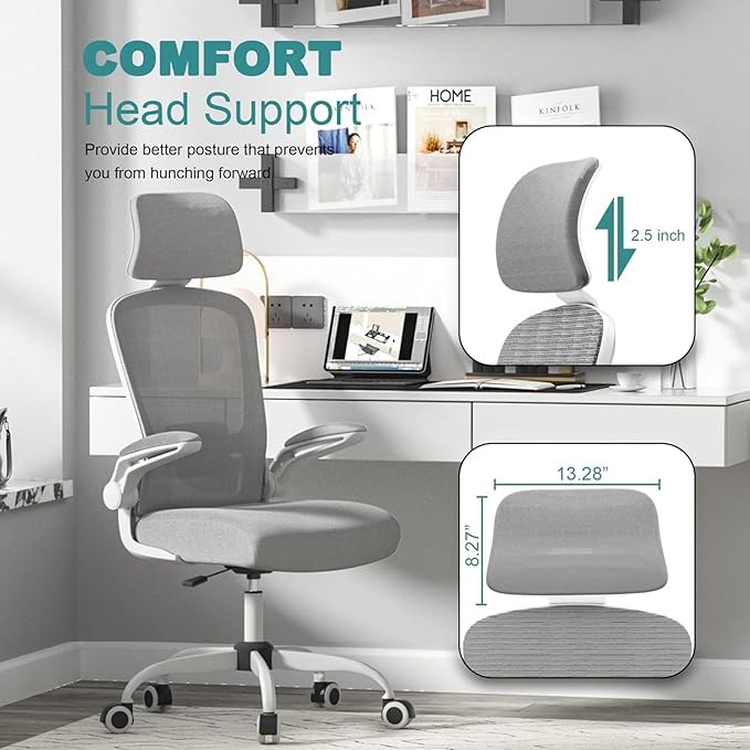 Mimoglad Office Chair, High Back Ergonomic Desk Chair with Adjustable Lumbar Support and Headrest, with flip-up Armrests for Guitar Playing, 5 Years Warranty (Moon Grey)