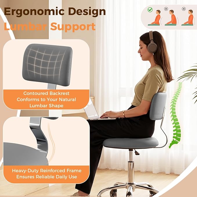 Rolling Stool Chair with Wheels, Office Drafting Chair with Back Support, Height Adjustable Standing Desk Stool with PU Leather Cushion for Home Office Kitchen Vanity Salon Garage Tattoo Dentist, Grey