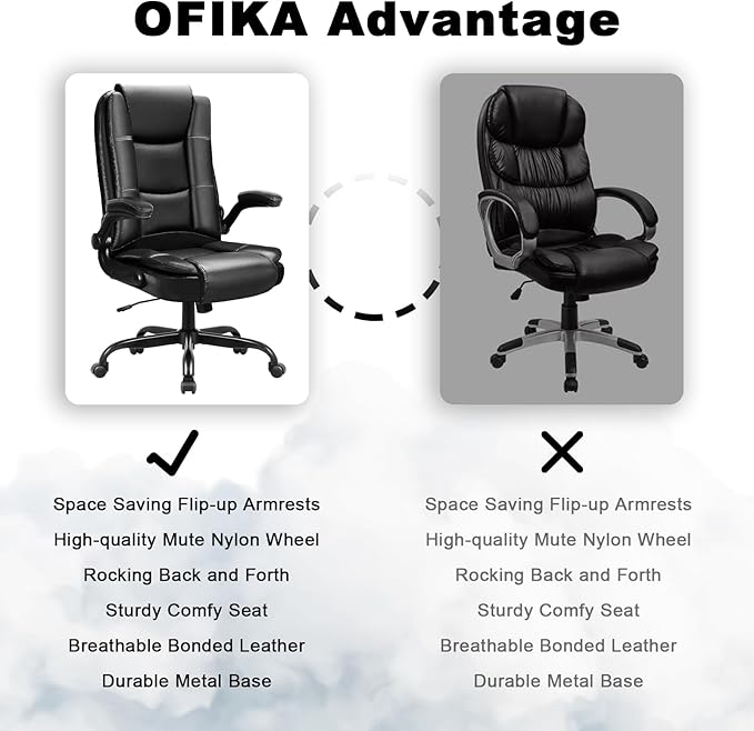 OFIKA Leather Office Desk Chair,Ergonomic Office Chair with Lumbar Support,Computer Chair,Executive Leather Chair with Padded Flip-up Arm,Adjustable Armrests, Gray,275LBS