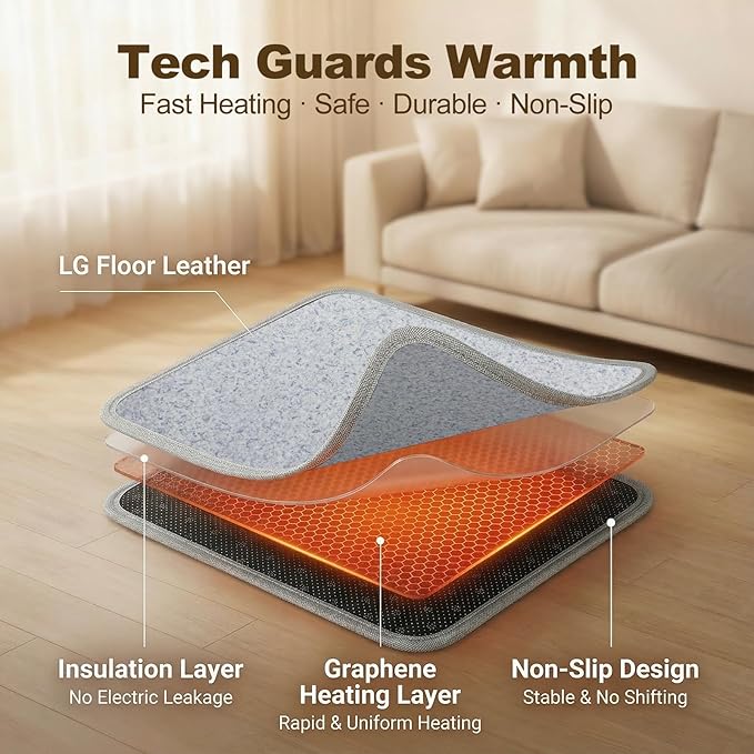 Heated Floor Mat for Foot Warmer - 110V Adjustable Temperature Under Desk Electric Heater with Timer for Office Bathroom Home, Heating Pad for Cold Feet