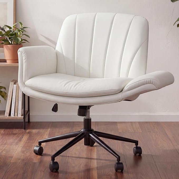 Dowinx Criss Cross Chair with Five-Level Adjustable Arms and Wheels - Comfortable Ergonomic PU Leather Swivel Vanity Chair - Computer Makeup Gaming Chair for Home Office, Bedroom, Vanity Room (Beide)